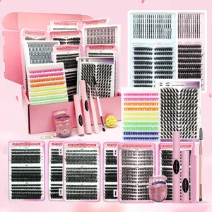 Lash Clusters Kit D Curl Spikes Natural Volume 3D Effect, Includes Bond Seal Lash Remover Brush Applicator Curler Eyelash Extension Tweezers, Beginner & Proficient Use