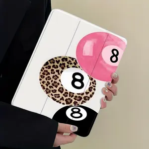 8 Ball & Leopard Print iPad Case, Tablet Protective Cover, Pink Protective Cover with Trifold Stand & Auto Wake/Sleep, Pencil Slot & Charger Port, Transparent Acrylic Hard Back, Shockproof Full Cover, Fits 7.9/10.2/10.5/10.9/11/12.9 Inch Great Gift