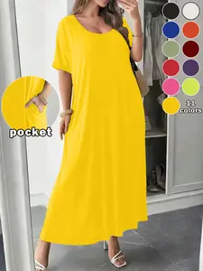 Plus Size Women's Casual Round Neck Short Sleeve Dress, 11 Colors Available, Pocket Design, Slimming Long T-Shirt Skirt, Daily Wear