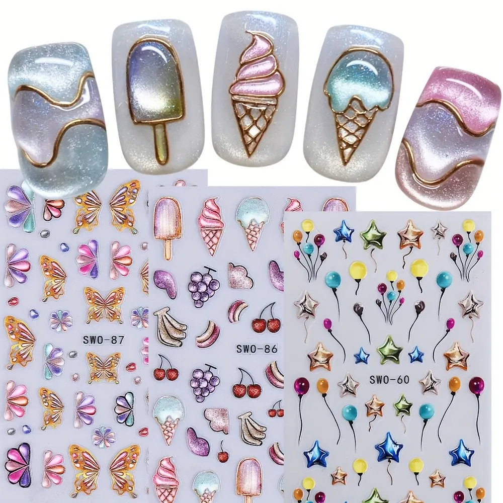 3pcs Ice Cream 3D Nail Art Stickers, Nail Art Decoration, Star Balloon Grape Butterfly Flower Designs, Spring & Summer, DIY Self-Adhesive Nail Decals for Women & Girls, Nail Art Supplies