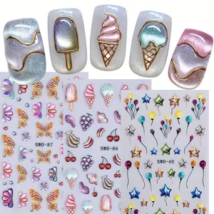 3pcs Ice Cream 3D Nail Art Stickers, Star Balloon Grape Cherry Fruit Butterfly Flower Floral Designs Spring & Summer Designs, DIY Self-Adhesive Nail Decals for Women & Girls