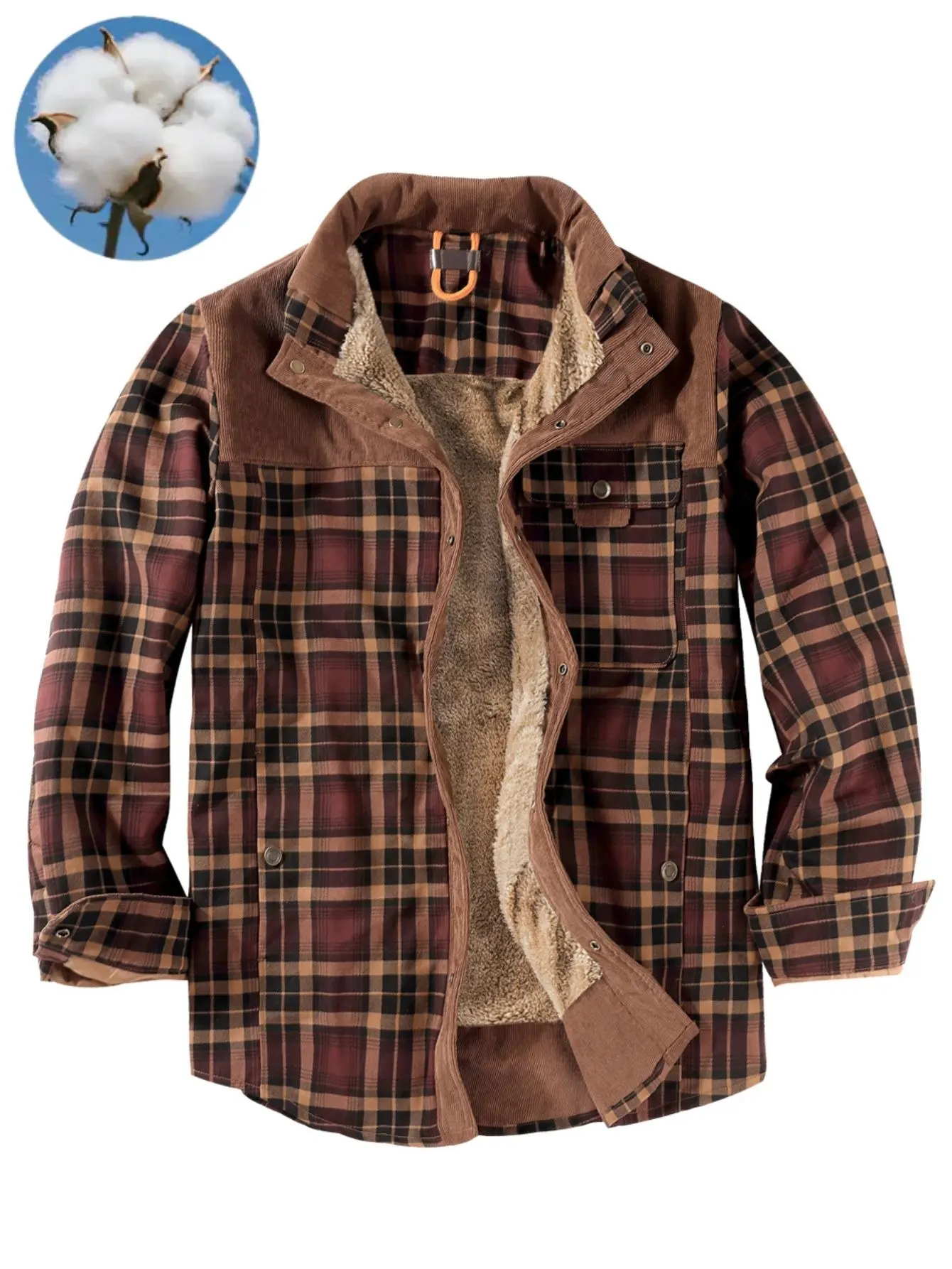 Men’s vintage color-block plaid patchwork jacket with patch pockets and fleece lining, long sleeves, suitable for autumn and winter.