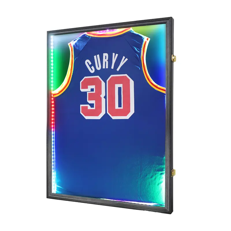 Lockable Large LED Fan Sports Jersey Frame - 31.25"x23.25"x1.5" Wood-Glass Hanging Shadow Box, UV Protection, Iron Hanger, Shockproof Acrylic Panels, Scratch-Free Transit, Felt Lining, Foam Protection, Soccer Decor Gift for Sports Fans