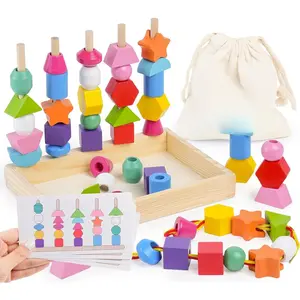 L-ITC125 Montessori Toys for 3 Year Old, Stacking Toys for Toddlers, Stacking Blocks, Lacing Beads, Matching Shape Preschool Toys, Montessori Toys for 3 4 5 Year Olds with Canvas Storage Bag