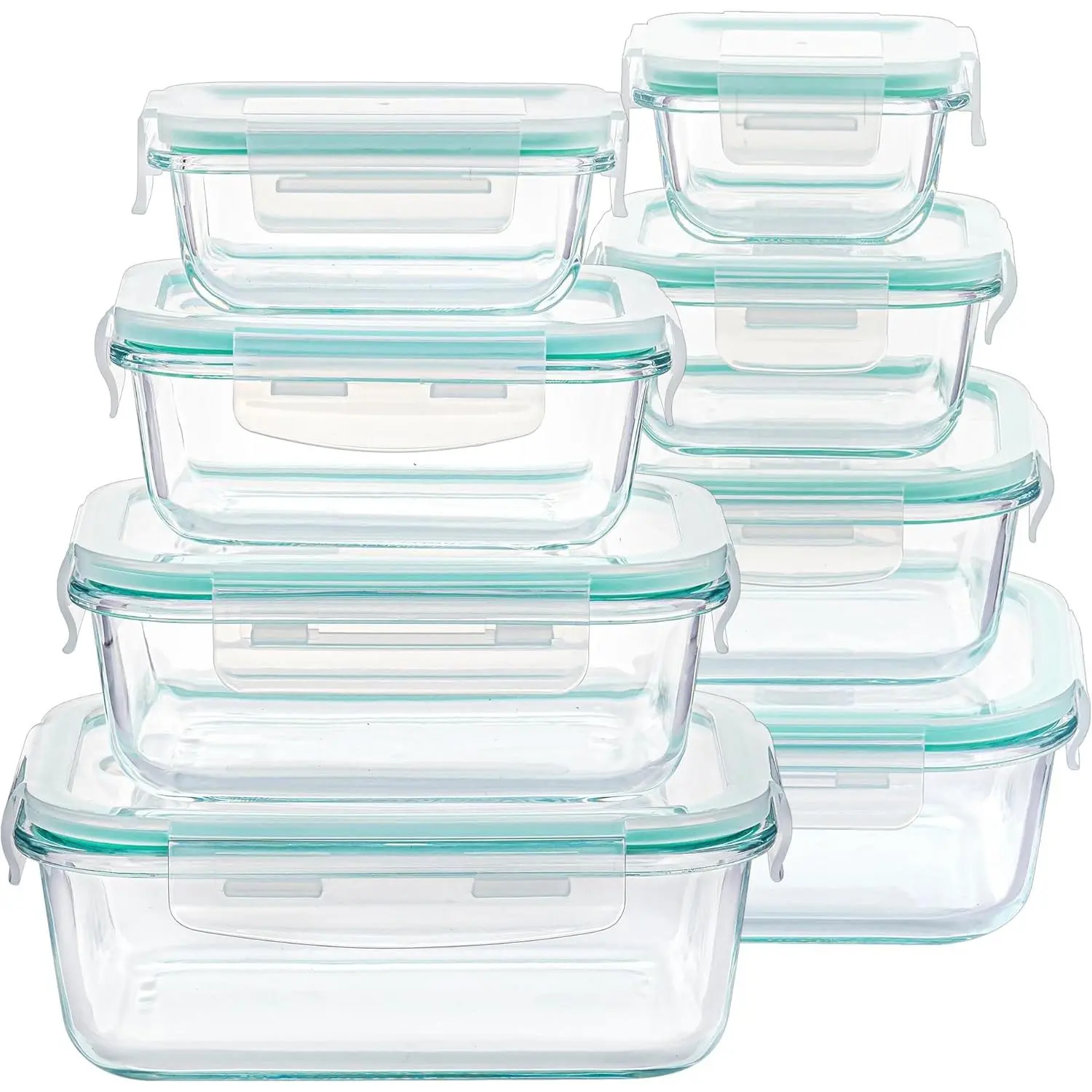 8-Pack Multi-Size Rectangular Glass Food Storage Containers Set with Airtight BPA-Free Lids, Meal Prep Containers for Home Kitchen & Office Lunch, Microwave, Oven, Freezer Safe, Dishwasher Compatible, Set Pack