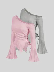 Women's Casual Asymmetrical Shoulder Ruched Long Sleeve T-shirt, Slim-fit Spring & Fall Top, Plain Color Fabric, Trendy Design Longsleeves Womenswear, Asymmetrical Hem Ruffle, Casual Classy Top