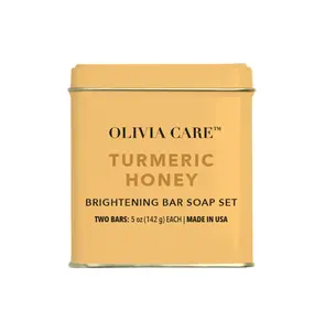 Olivia Care Turmeric Honey Brightening Bar Soap Tin Set - 2 Bars 5 oz Each - Eco-Friendly Reusable Tin - Natural Antioxidants for Radiant Skin - Made in USA Blend Body Wash