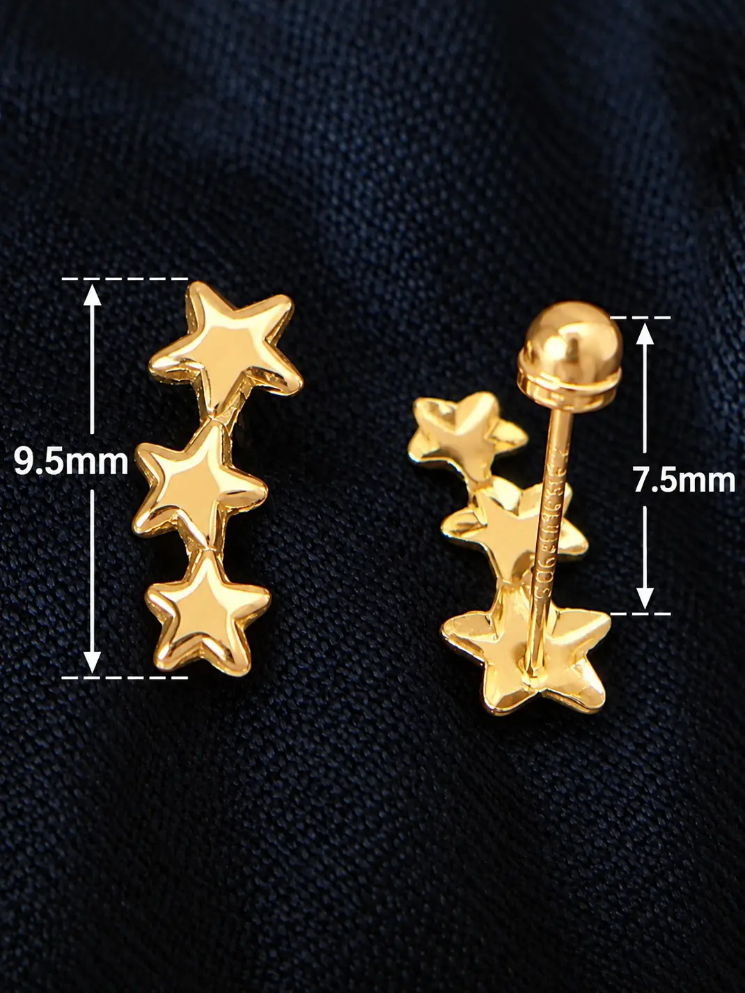 10K Solid Gold Triple Star Climber Stud Earrings Tiny Ear Crawler Cartilage