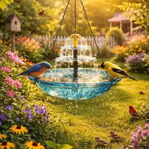 2026 New Solar Cascade Hanging Bird Bath Fountain, Outdoor Hanging Bird Bath with Solar Fountain, Large Humming Birds Baths Fountains, with Solars Pump & Glass Bowl, for Outdoor, Gardens (#1)