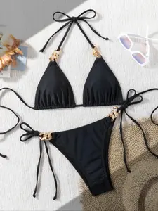 Women's Solid Color Bikini Set, Casual Fashion Chic Set, Ladies Swimwear for Beach Holiday Vacation, Self Tie Bikini, Bikini Swim Top, Bikini Swimsuit, Bikinis Set