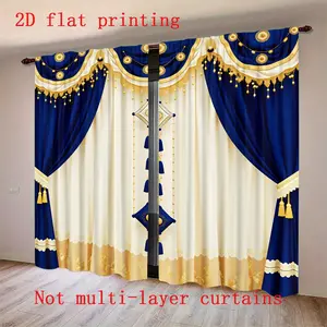 2 pieces of blue gold curtains, Home Decoration Curtain, made of 100% semi transparent polyester fabric with pole bag design, suitable for home decoration, excluding curtain poles, not multi-layer curtains