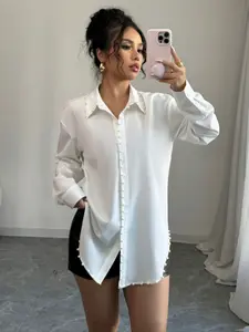 Elegant Plus Size Women's Pearl Trimmed Collar Shirt, Button Up Top, Long Sleeve Loose Fit Office Casual Holiday Top, Stylish Solid Color Blouse
