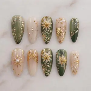 Sage Green Gold Press On Nails: 3D Flower Celestial Unique Elegant Luxury Gift Art