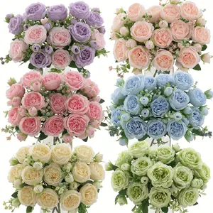 4-piece artificial peony bouquet - artificial blooming peonies with green leaves, suitable for weddings, Mother's Day, Valentine's Day, spring decoration - indoor and outdoor plastic flowers, without vase