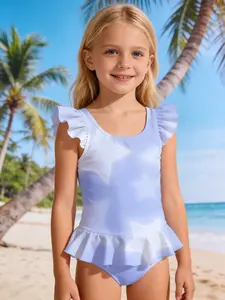 Girls' Light Blue Ruffle One-Piece Swimsuit with White Star Print: Skirted design that covers the tummy, perfect for a fresh and dreamy look while playing in the pool
