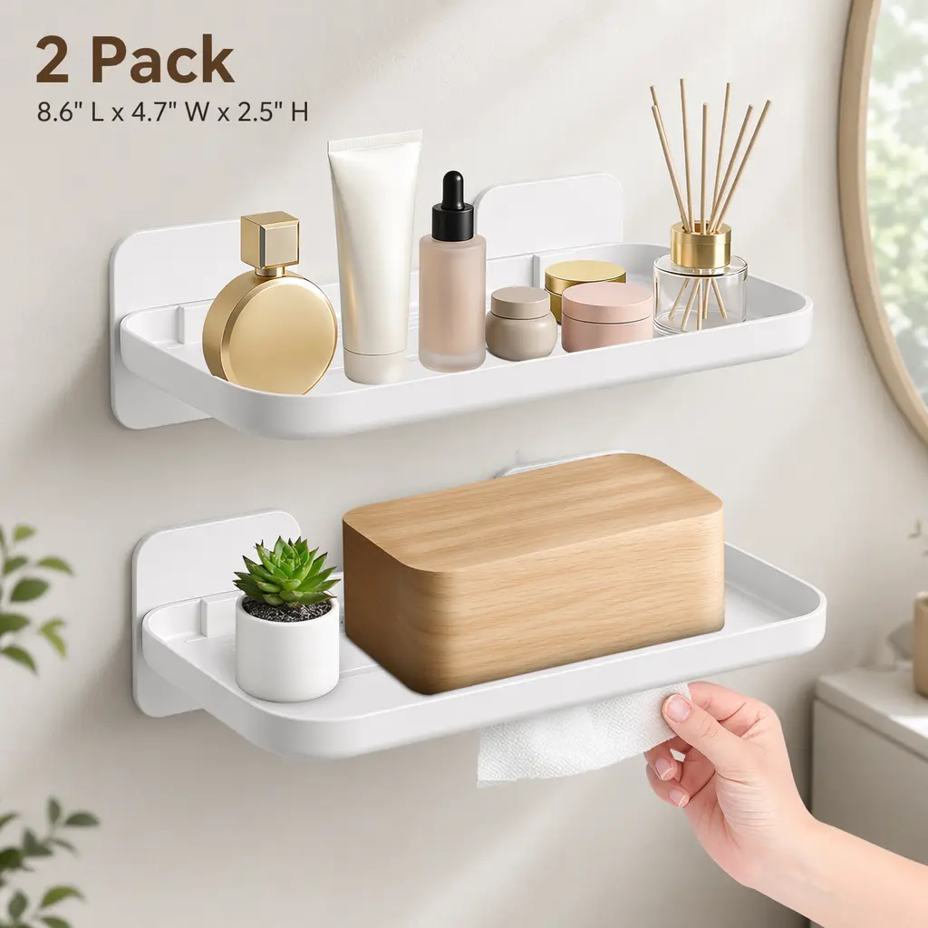 2 Pack No Drill Floating Shelves | Damage-Free Adhesive Wall Storage, White for All Rooms