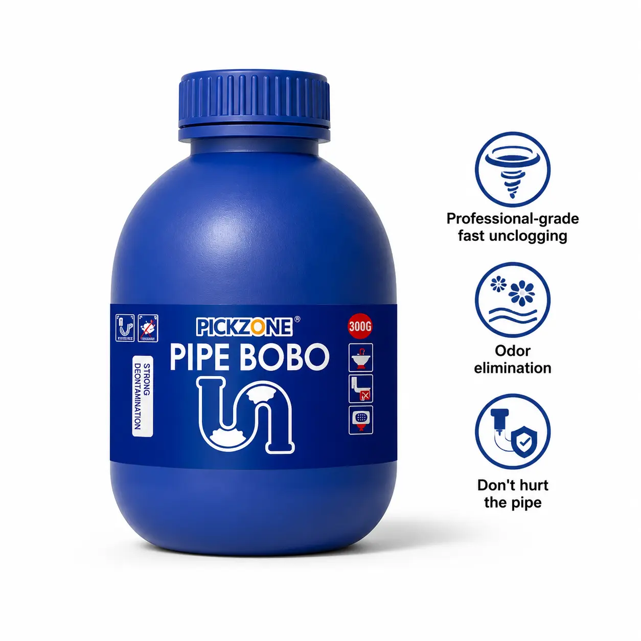 PICKZONE PIPE BOBO Powerful Drain Unclogger—suitable for kitchen sinks, showers, and bathtub drains. It features a safe formula compatible with all types of pipes, clears blockages quickly, and is an essential cleaning product for the home