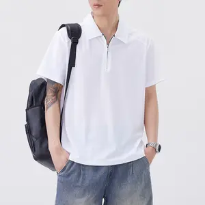 Mens Ice Silk Short-Sleeve Polo T-Shirt - Menswear, Casual, Stylish Top, Turn-Down Collar, Half-Length Zipper, Thin, Breathable, Cool Athletic Design, Suitable as Undershirt/Base Layer