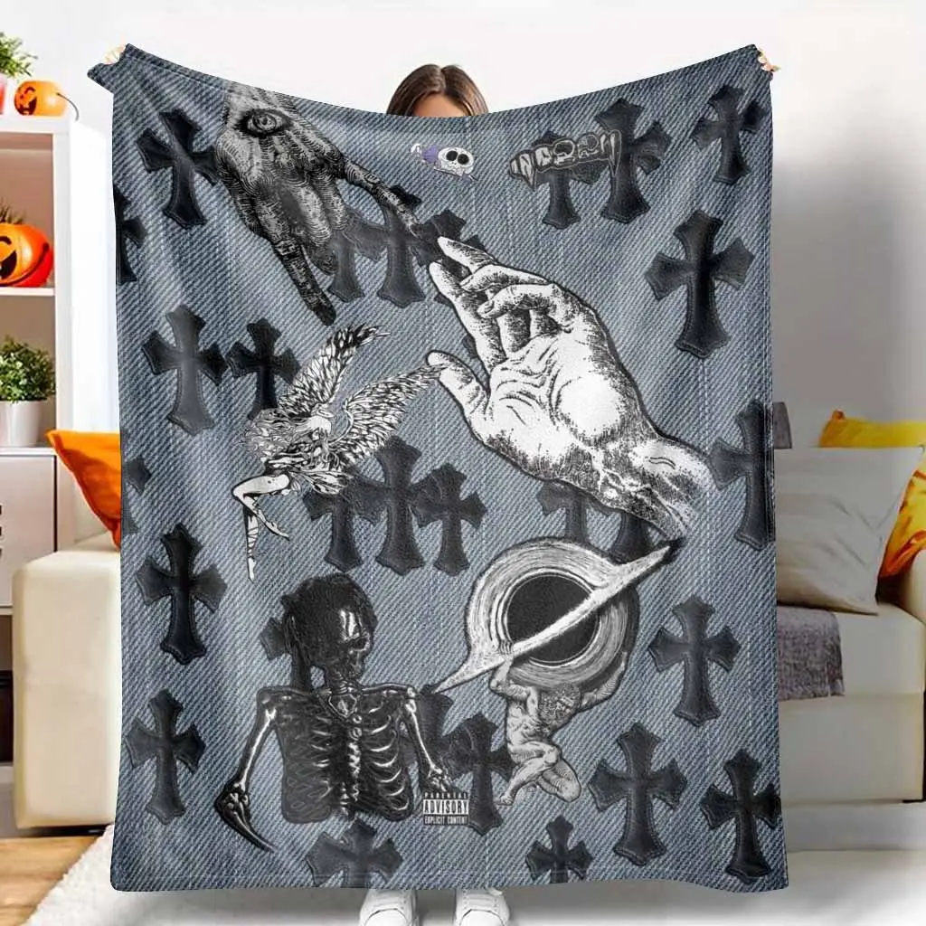 Gothic Denim Flannel Blanket Dark Cross Engraved Hand Winged Angel Print Soft Warm Lightweight Cozy Throw for Sofa Bedroom Dorm Music Room Halloween Party Gift