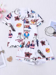 2pcs Weird Things Character Print Pajama Set - Retro Pop Culture Short-Sleeve Pjs (Fitted, Notch Collar + Chest Pocket + Elastic Waist) - Soft Adult Womenswear Loungewear/Sleepwear with Unique Prints for Binge-Watching, Sleepovers & Trend Lovers