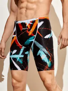 Brush Strokes Print Jammer Swimsuit Men’S Swim Jammers Endurance Long Racing Training Swimsuit，Men'S Five-Piece Shorts - Fashionable, Quick-Drying, Professional With Anti-Embarrassment Function And Tight Fit