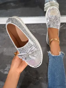 Women's Thick Sole Shoes, Full Body Rhinestones and Sequins Design, Bowknot Decoration, Perfect for Weddings, Formal Events, Parties
