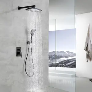 2-Function Concealed Rain Shower Set Hot And Cold Water Mixer Black Shower Faucet with 3-Setting Handheld Trim & Rectangular ABS Shower Head