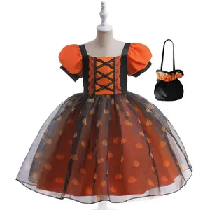 Orange Kids Clothes Halloween Dress with Bag Children Cosplay Costume Fancy Carnival Pumpkin Witch Vampire Party Holiday Princess Frock  3-8Y