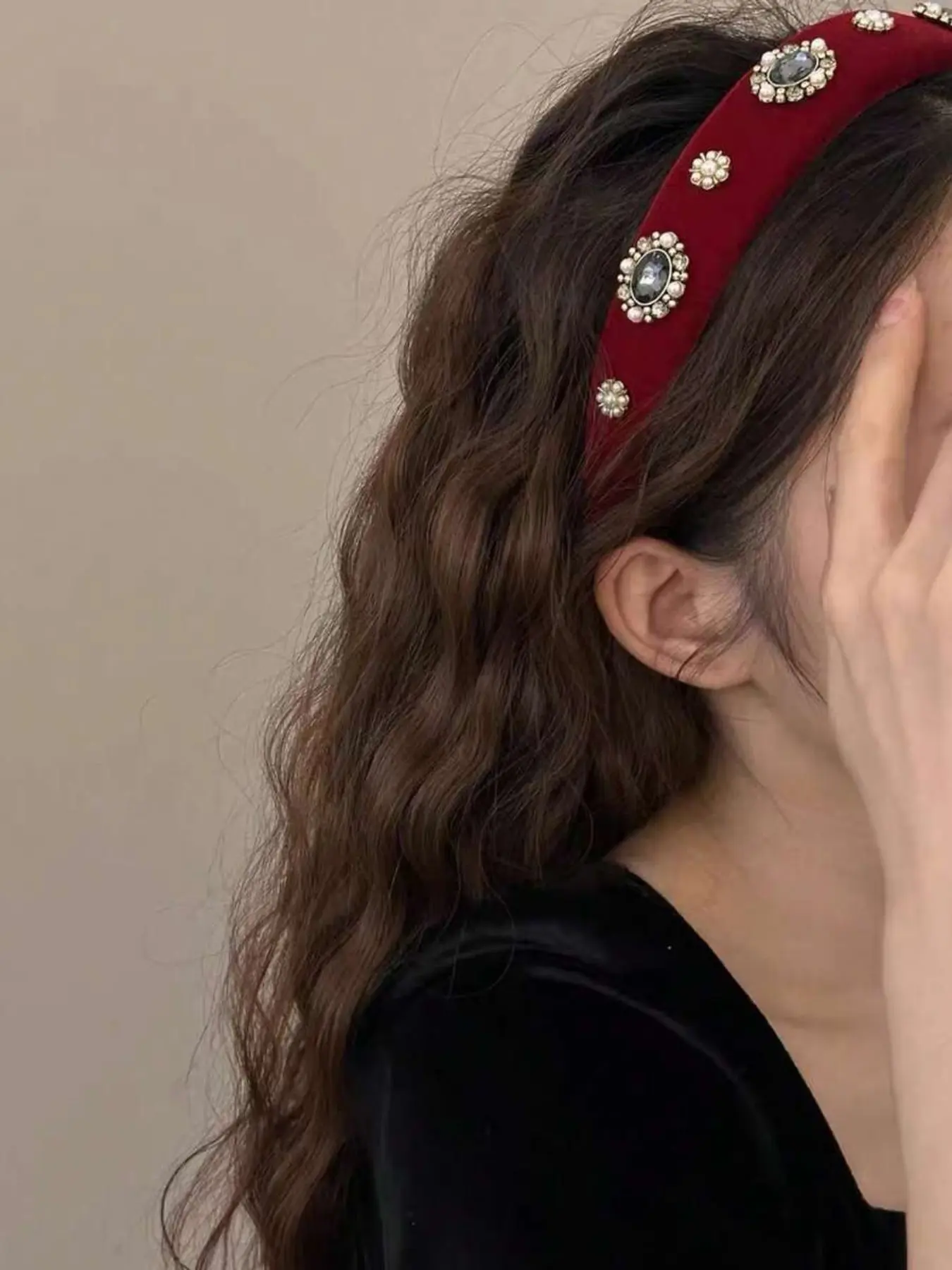 Velvet Rhinestone Pearl Headband, Luxurious High Crown Hair Band, Perfect for Birthday Party, Date, Wedding, Elegant Hair Accessory