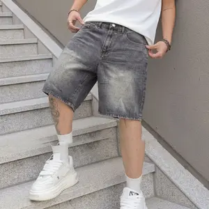 Men's Vintage Gray Faded Baggy Denim Jorts Elastic Waist Mid Rise Wide Leg Casual Streetwear Knee Length Summer Shorts