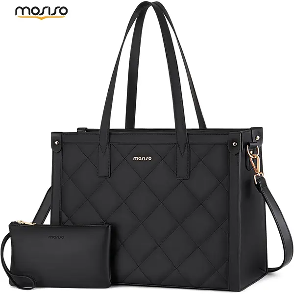 MOSISO Plain PU Leather Tote Bag for Women, Large Business Work Shoulder Bag Fits 15.6-16 Inch Laptop with Adjustable Strap and Clutch Purse, 15.6 Inch, Lightweight, Zip, Chic