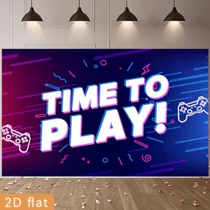 2D Flat Banner Polyester Photography Backdrop, HD Digitally Printed Soft Lightweight Foldable Background Cloth with Abstract Gradient Pattern, "TIME TO PLAY!" Text, and Controller Outlines, for Party, Birthday, Video Studio, Lives