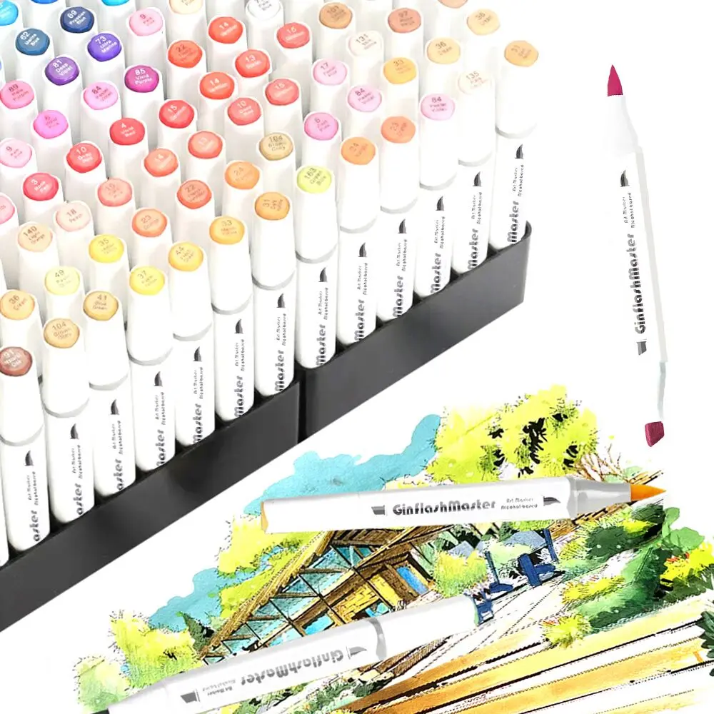 Ginflash Brush&Chisel Comic Art Markers Brush Pen Sketch Alcohol Based Markers Dual Tip Manga Drawing Art Supplies