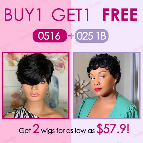 [Combo Sale] ShowReal Buy 1 Get 2 Colorful Short Pixie Cut Wigs Virgin Human Hair With Bangs Full Machine Easy Wear Natural Everyday Wig