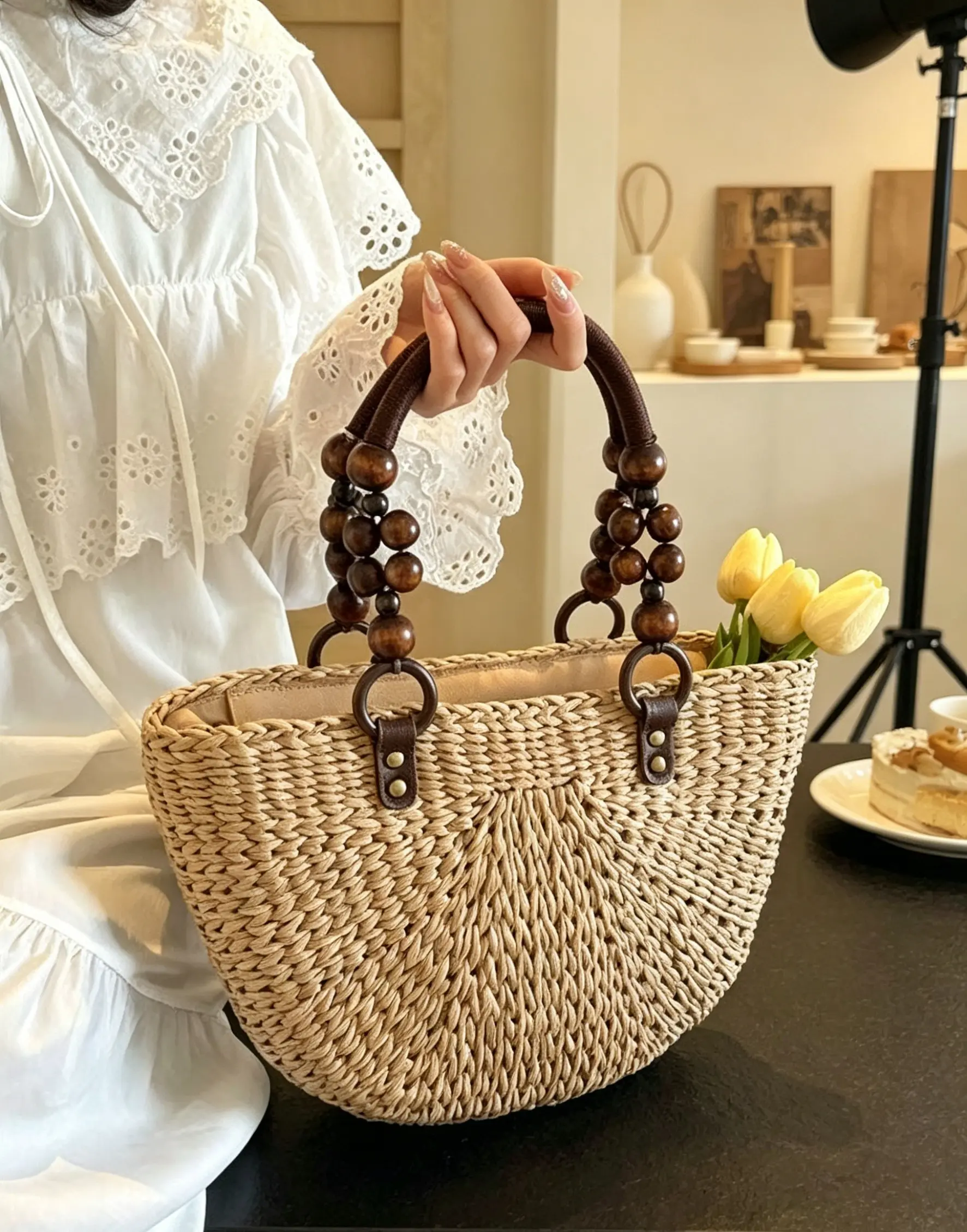 Handwoven Large Straw Tote Bag - Spacious High-Capacity Sports & Outdoor Shoulder Bag with Beaded Accents, Wooden Bead Handles for Summer Beach Trips