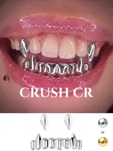 CRUSH CR Shiny Solid Polished Vampire Fang Grillz Set, Full Bottom Teeth + Two Separate Fangs in Gold/Silver, Eye-catching Bold Dental Ornament for Nightclub Parties, Pool Festivals, Birthday Bash & Statement Fashion Looks
