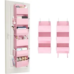 Over The Door Organizer, 6-Shelf Detachable Behind the Door Storage with 8 Pockets, Waterproof Anti Tilt 40lb Large Capacity Hanging Shelf for Nursery, Bedroom, Kids Room, Pink