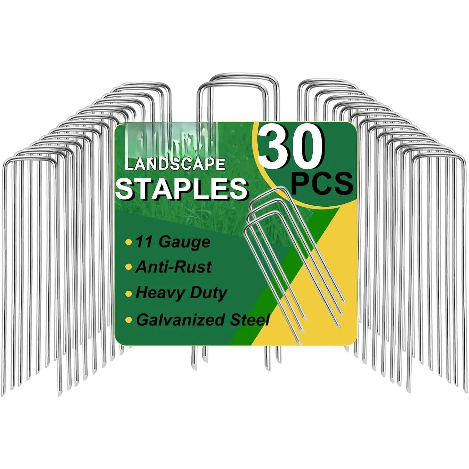 30 Pack Lawn Staples,  Garden Landscape Staples, Galvanized Heavy-Duty Gauge Stakes, U-Shaped Tent Stakes, Anti-Rust Fence Netting Pins Ground Spikes, Sod Pins