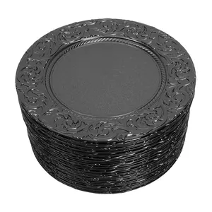 100 Pcs Black Antique Charger Plates  13 Inch Embossed Rim Plastic Decorative Round for Dinner Wedding Party Event Table Setting Decoration Modern Birthday