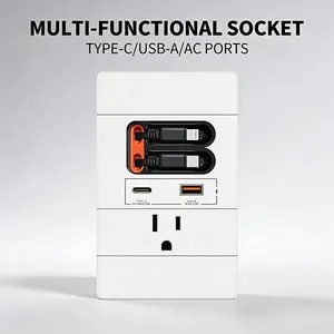 Wall Outlet with 20W Retractable USB C & Lightning Cables 4-in-1 Charging Panel for Bedside Wall Mount TV Sofa Table 80cm Cables Fast Charging Smart Power Distribution Universal Sockets