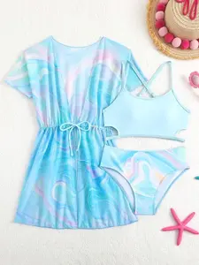 Girls Knitted Pink Leopard Rash Guard & Bikini Set, Short Sleeve Swimwear, Baby Blue Summer Beach Holiday