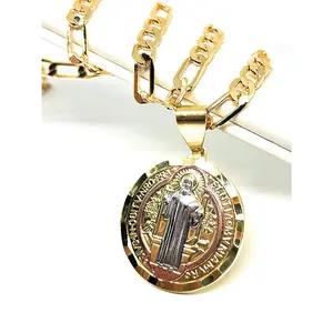 Gold Plated Tri-Color Saint Benedict Medal Necklace Figaro 26" San Benito Medalla Oro Laminado