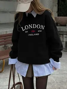 Women's Drop Shoulder Casual Sweatshirt, Womenswear, Letter and Number Print, Flag Pattern, Comfortable Long Sleeve Round Neck Pullover for Fall & Winter