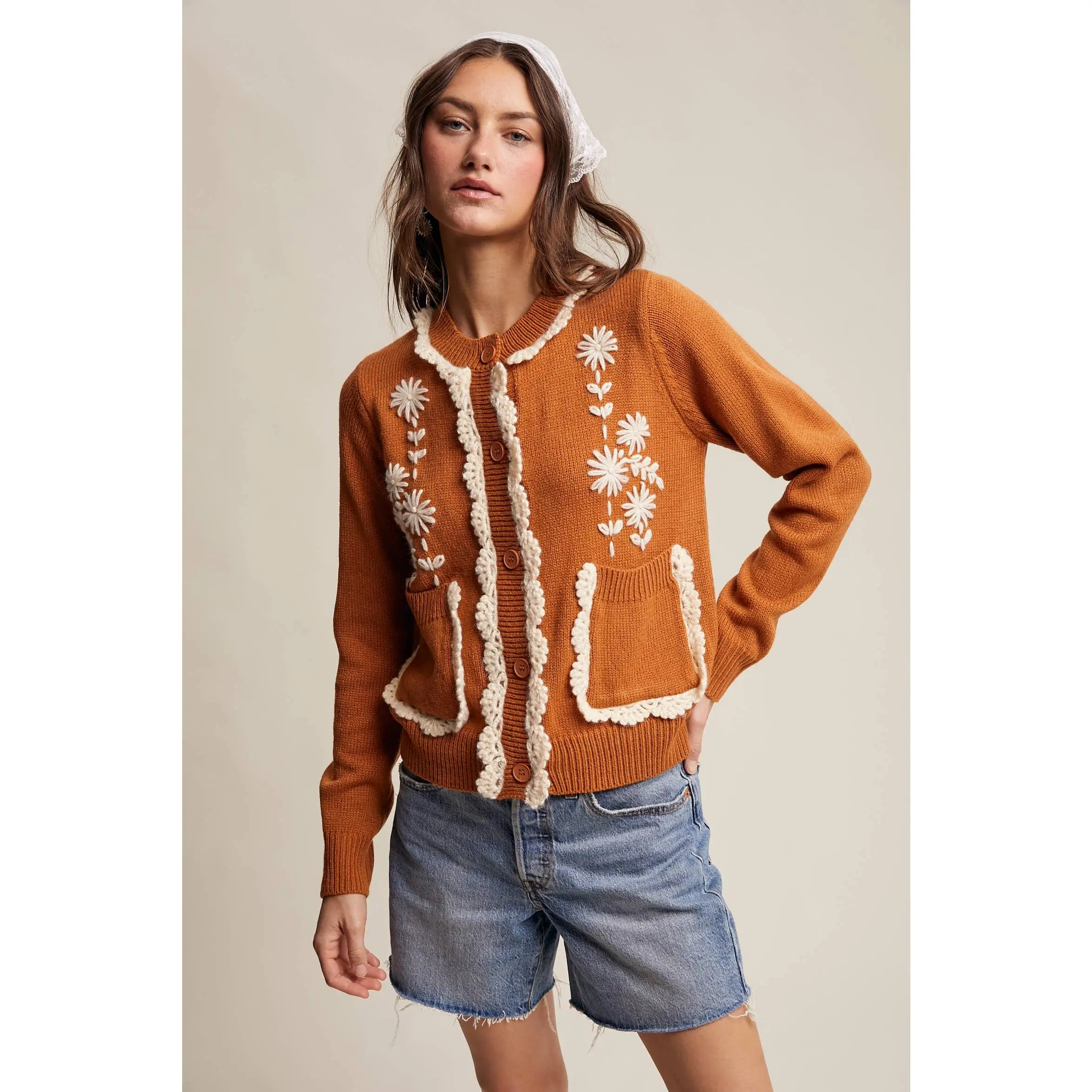 Daisy Embroidered Trim Cardigan Sweater - Ginger