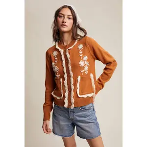 Daisy Embroidered Trim Cardigan Sweater - Ginger