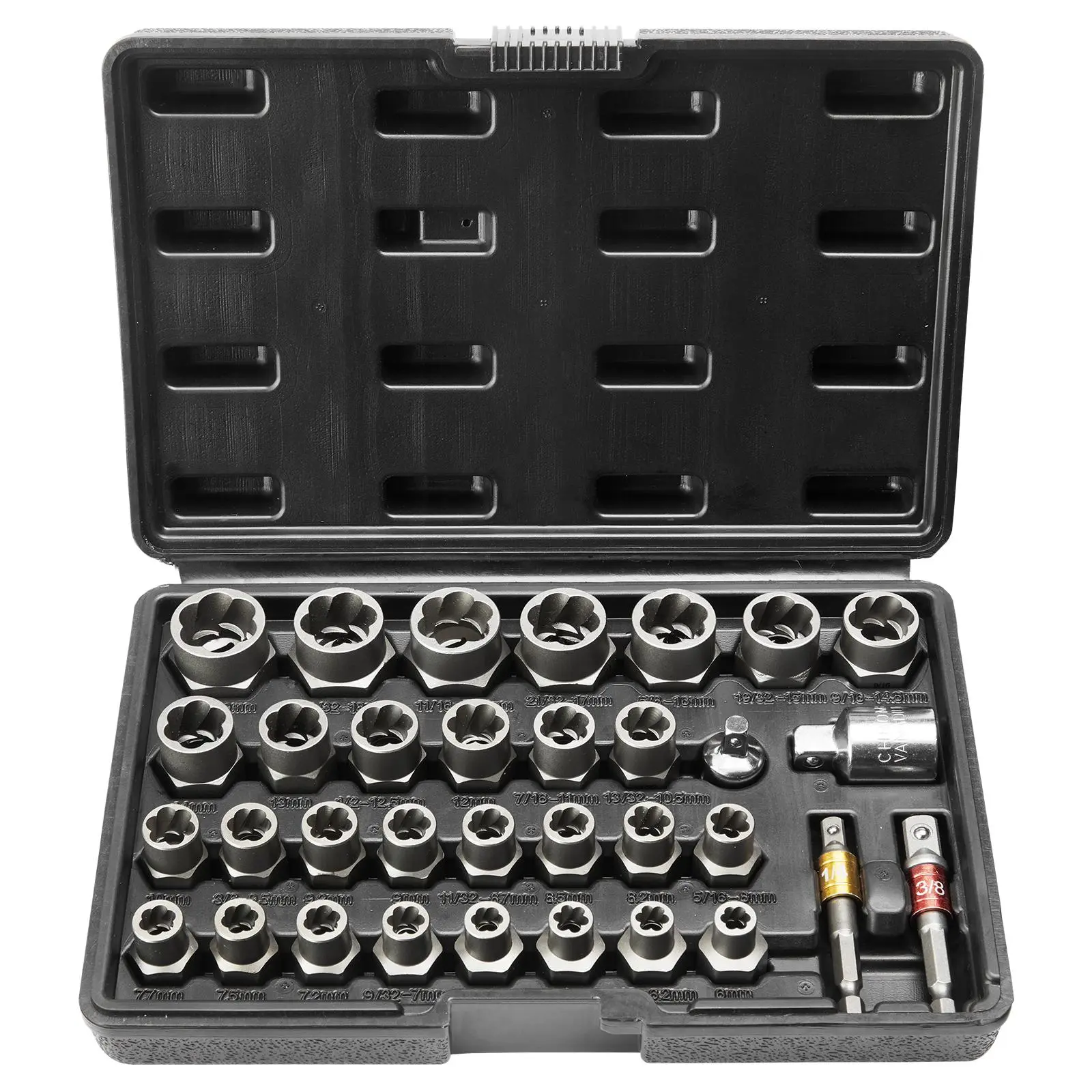 【fathersdaygift】VEVOR Bolt Extractor Set 29-Piece Bolt and Nut Remover Set6mm to 10mm13/32" to 3/4"CR-MO Steel Extraction Socket Set with Storage Casefor Removing Damaged Rusted BoltsNuts and Screws, Mechanic Tools, Tool Kit Set