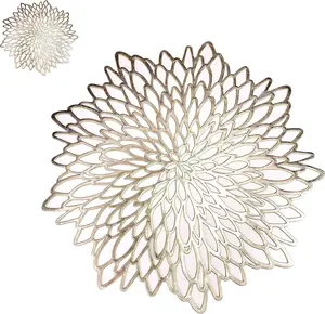 Set of 12 Gold Metallic Placemats & 12 Matching Coasters (24 PCS Total), Laminated Vinyl Round Leaf Dining Table Mats