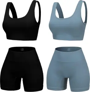 4 Piece Workout Sets for Women Seamless Ribbed High Waist Yoga shorts with Sports Bra Outfits