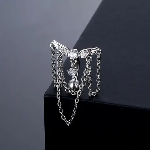 14G Angel Wing Belly Button Ring for Women, Silver Dangle Chain Navel Piercing Jewelry, CZ Body Jewelry Belly Ring