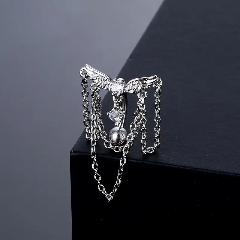 14G Angel Wing Belly Button Ring for Women, Silver Dangle Chain Navel Piercing Jewelry, CZ Body Jewelry Belly Ring
